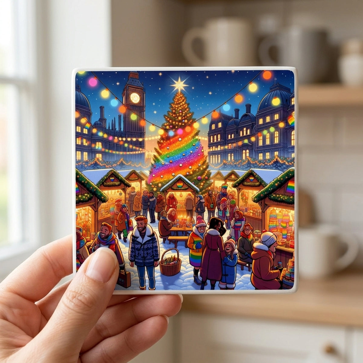 Rainbow Christmas Market ceramic coasters set of 4, in hand