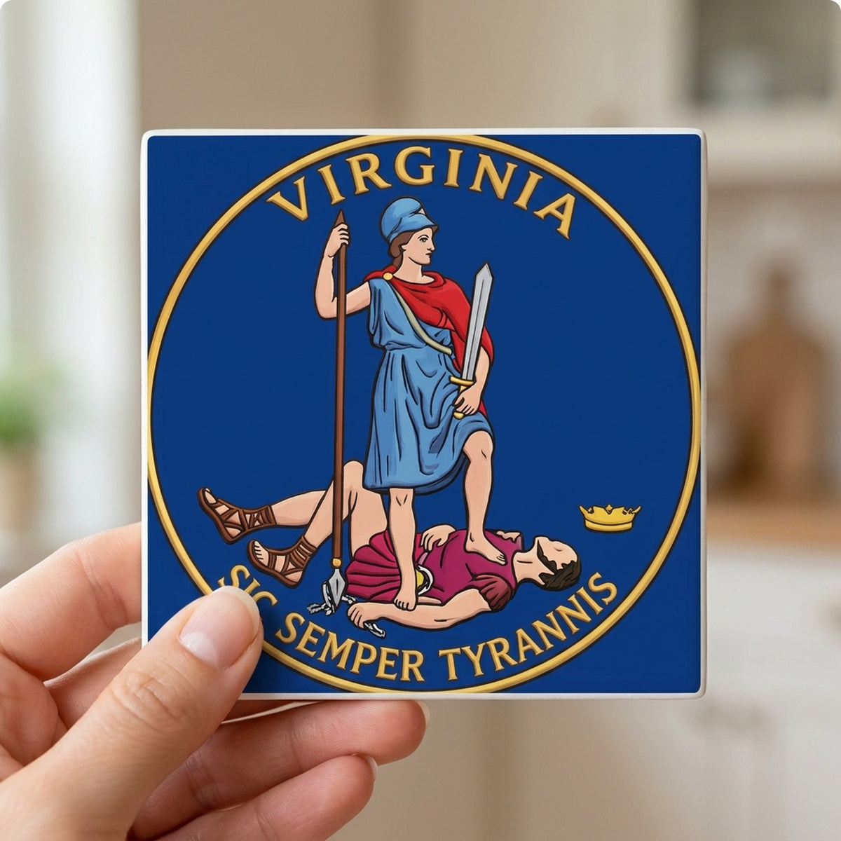 Virginia State Flag ceramic coasters set of 4, in hand