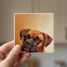 Boxer Portrait ceramic coasters set of 4, in hand