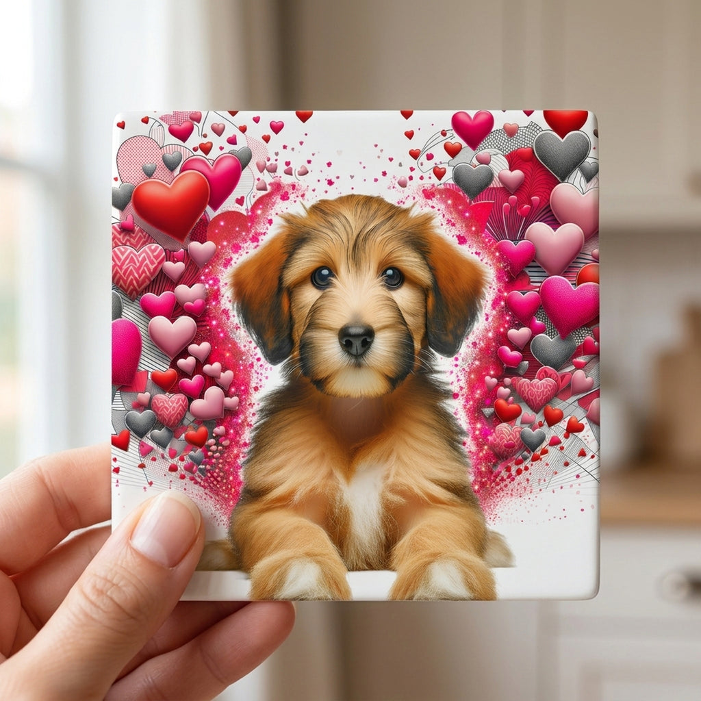 Goldendoodle ceramic coasters set of 4, in hand