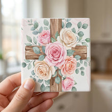 Floral Cross ceramic coasters set of 4, in hand