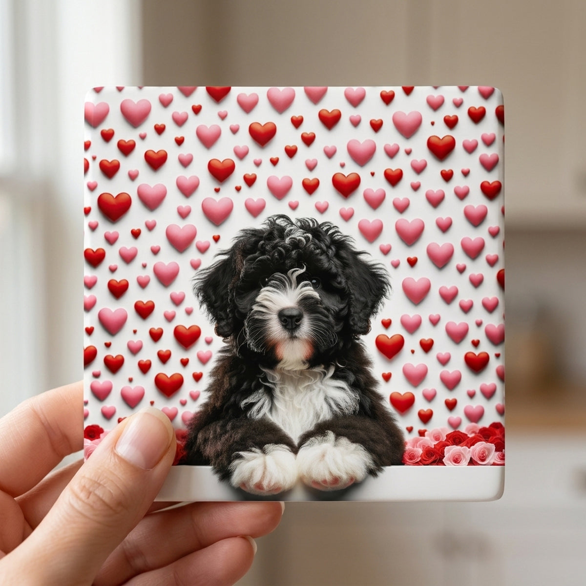 Portuguese Water Dog ceramic coasters set of 4, in hand