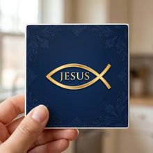 Ichthys Fish ceramic coasters set of 4, in hand