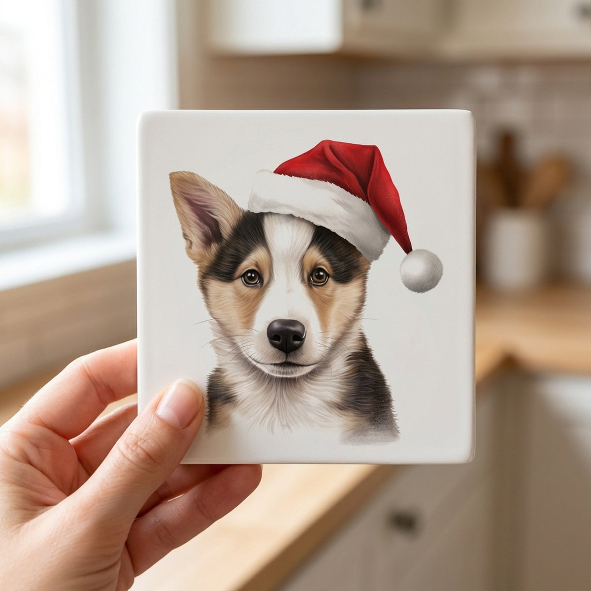 Canaan Dog Puppy Drawing ceramic coasters set of 4, in hand