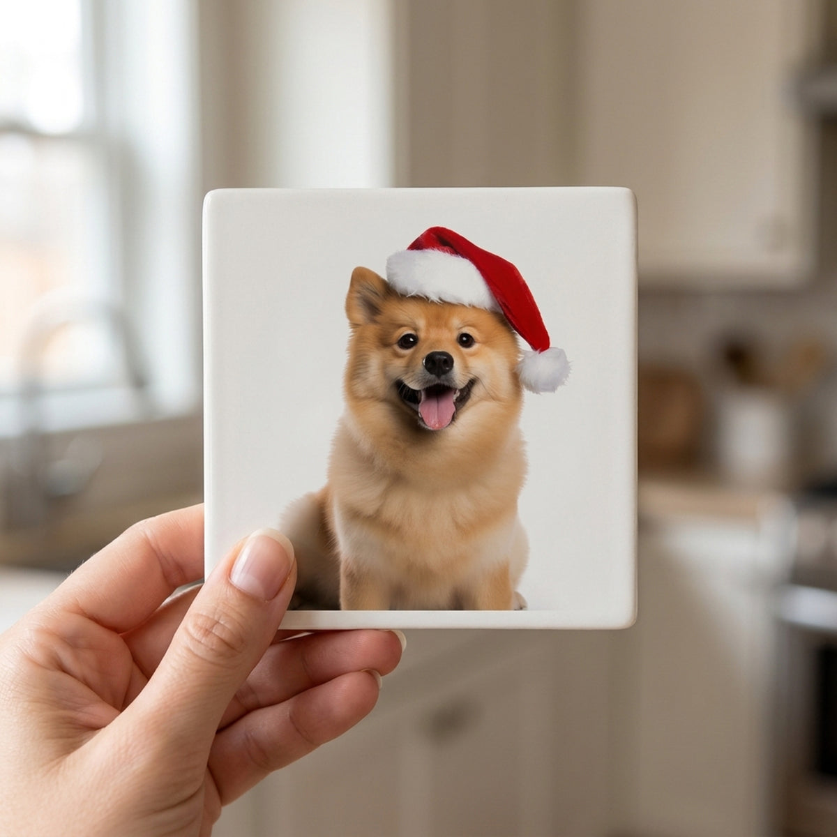 Finnish Spitz ceramic coasters set of 4, in hand