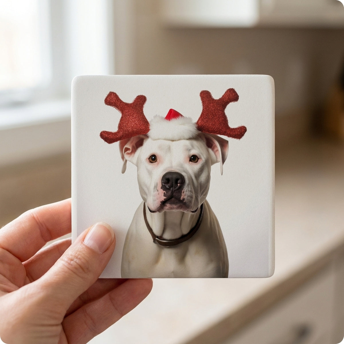 Dogo Argentino ceramic coasters set of 4, in hand