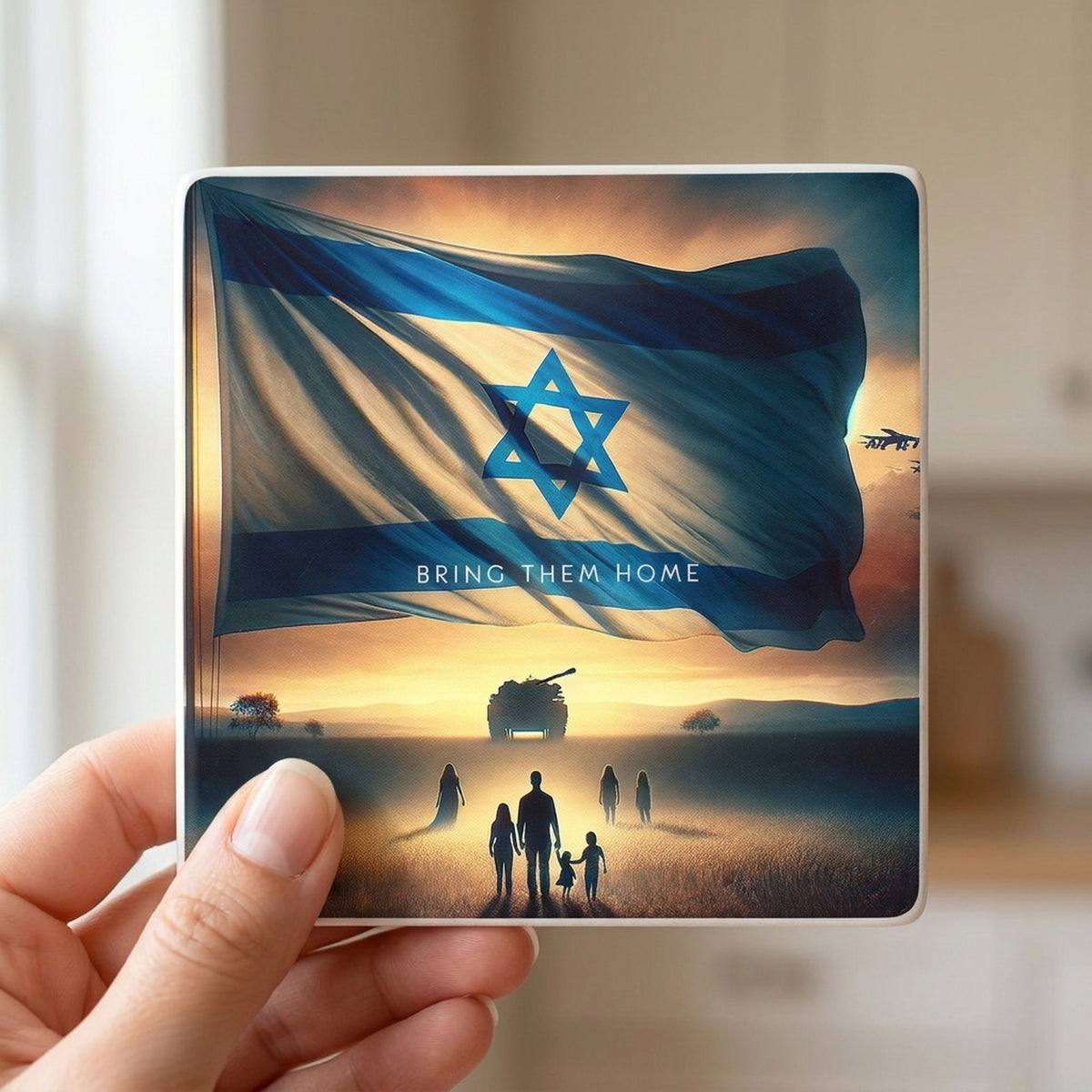 Israeli Flag Sunrise ceramic coasters set of 4, in hand