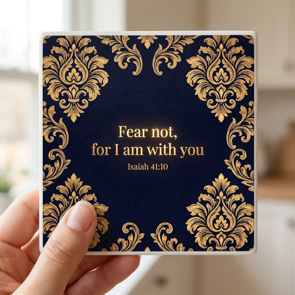 Isaiah 41:10 ceramic coasters set of 4, in hand