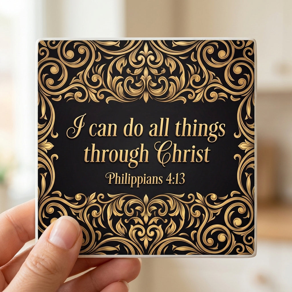 Philippians 4:13 ceramic coasters set of 4, in hand