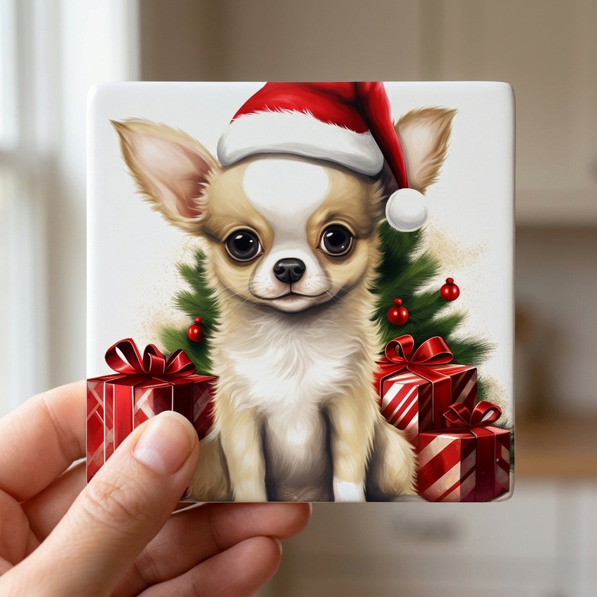 Chihuahua Puppy Drawing ceramic coasters set of 4, in hand