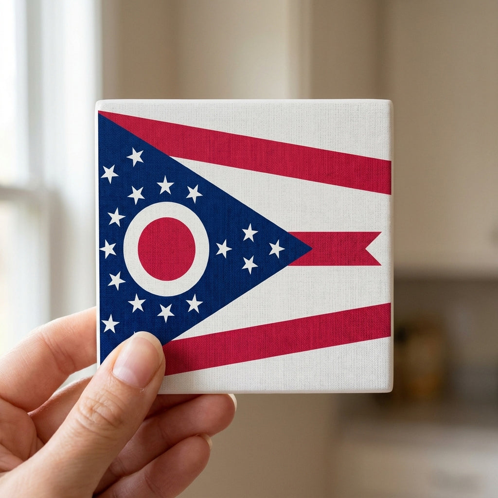 Ohio State Flag ceramic coasters set of 4, in hand