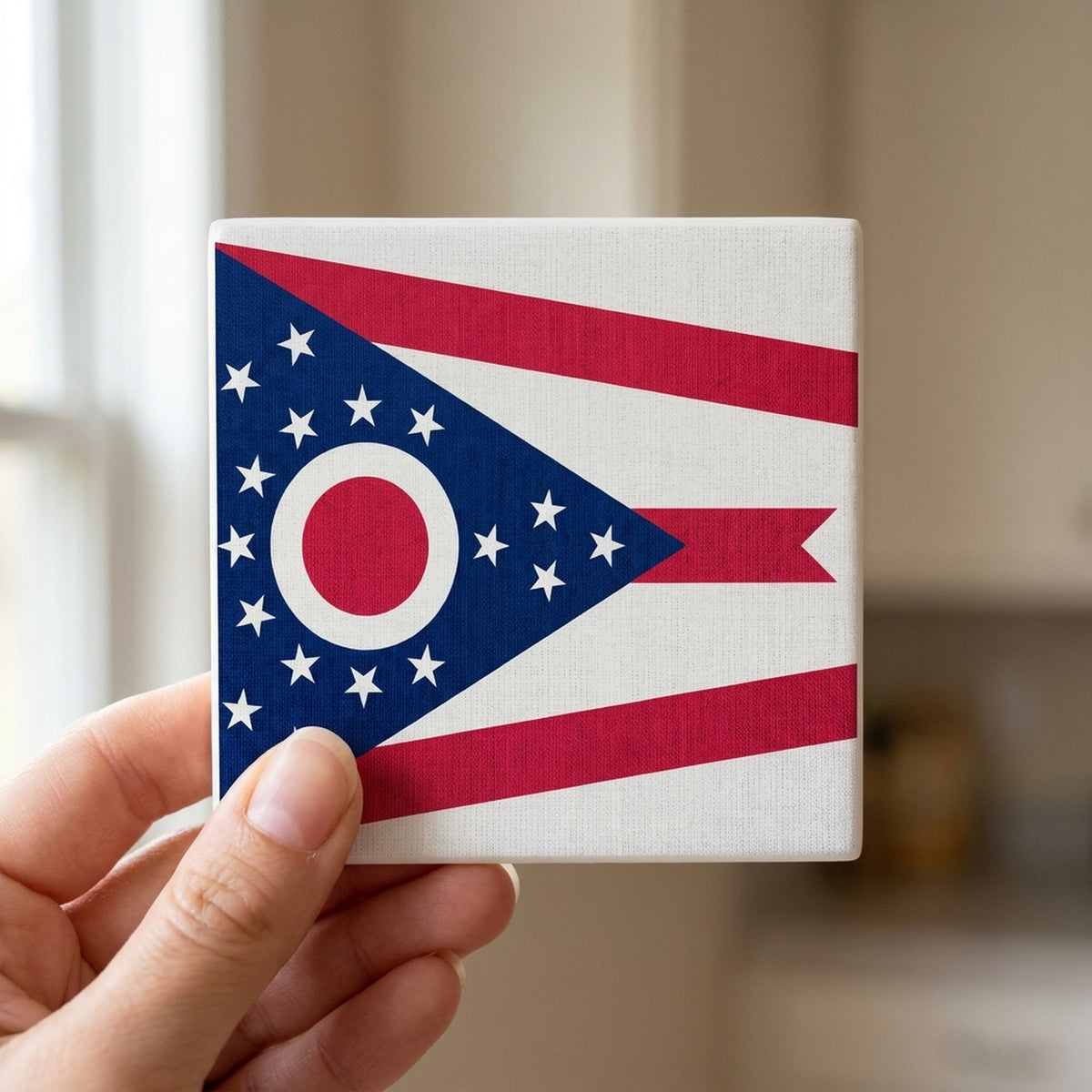 Ohio State Flag ceramic coasters set of 4, in hand