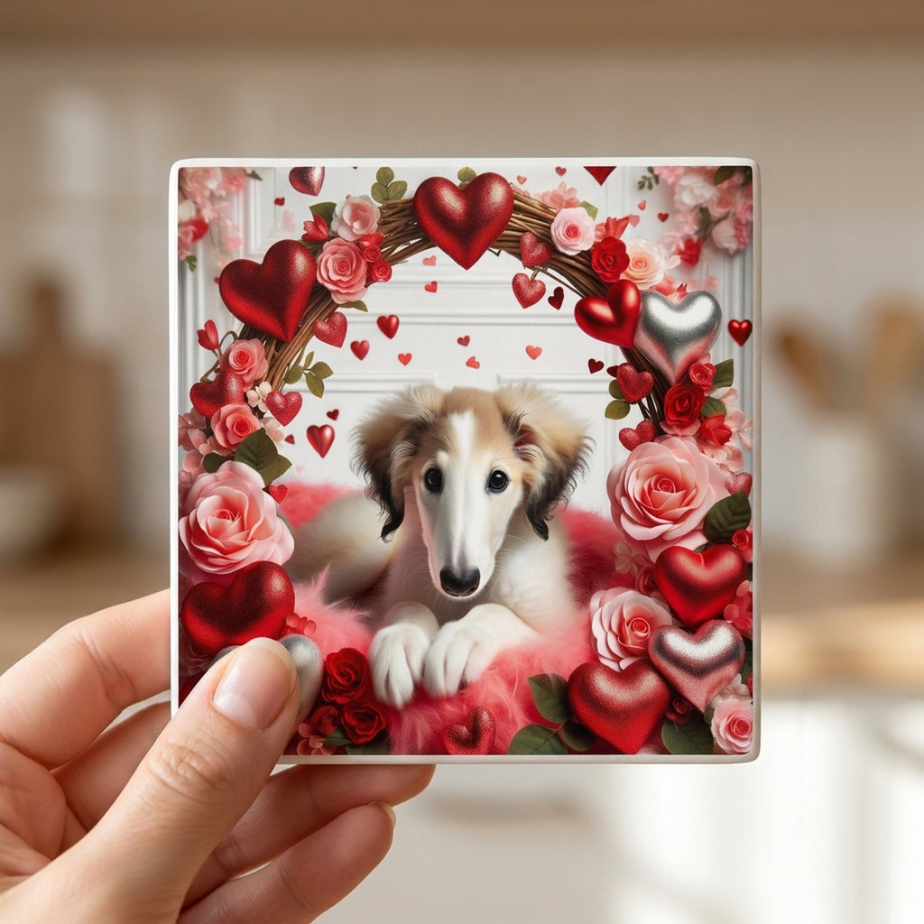 Borzoi ceramic coasters set of 4, in hand
