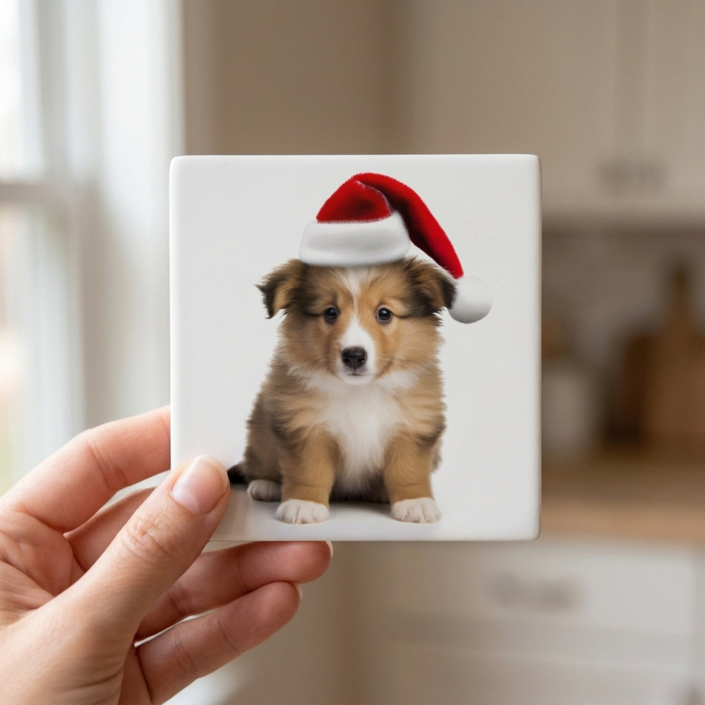 Shetland Sheepdog Puppy ceramic coasters set of 4, in hand