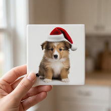 Shetland Sheepdog Puppy ceramic coasters set of 4, in hand