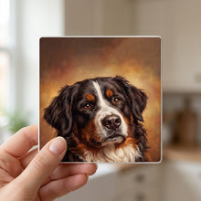 Bernese Mountain Dog Portrait ceramic coasters set of 4, in hand