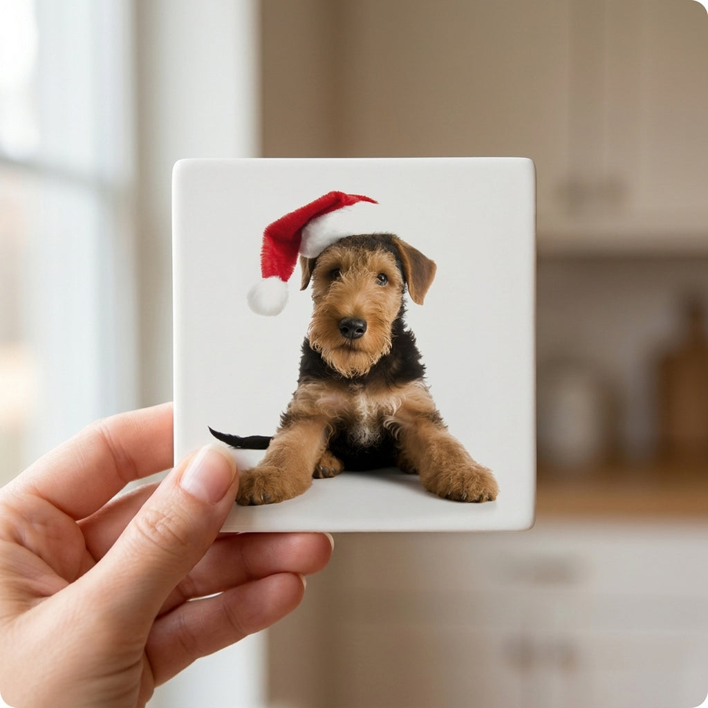 Airedale Terrier Puppy ceramic coasters set of 4, in hand