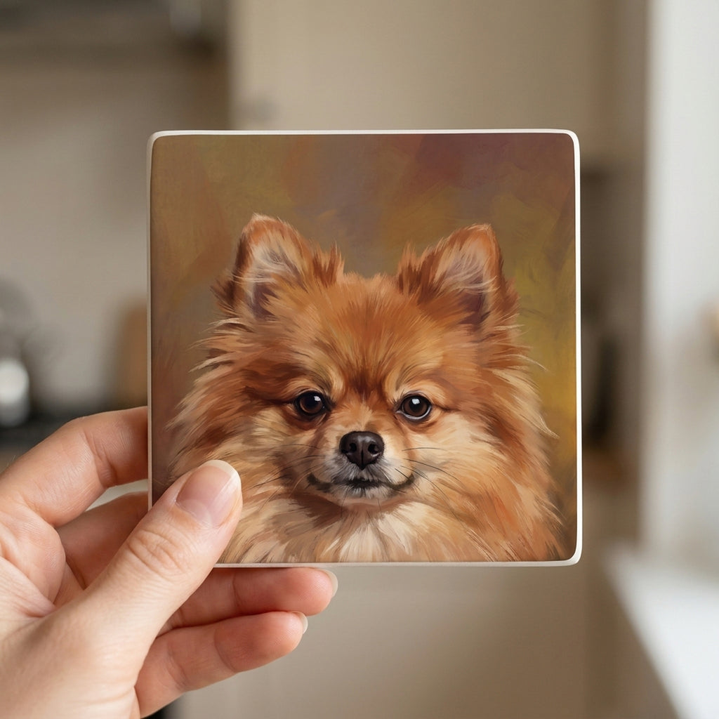 Pomeranian Portrait ceramic coasters set of 4, in hand