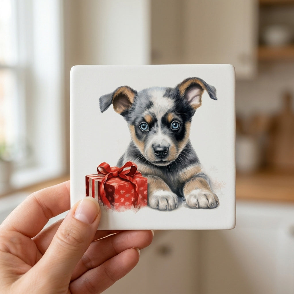 Australian Cattle Dog Puppy Drawing ceramic coasters set of 4, in hand