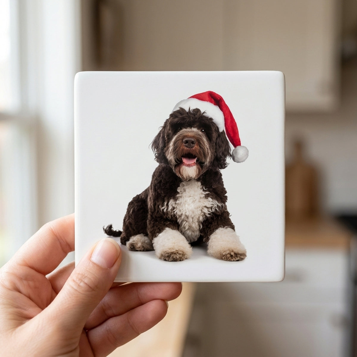 Spanish Water Dog ceramic coasters set of 4, in hand