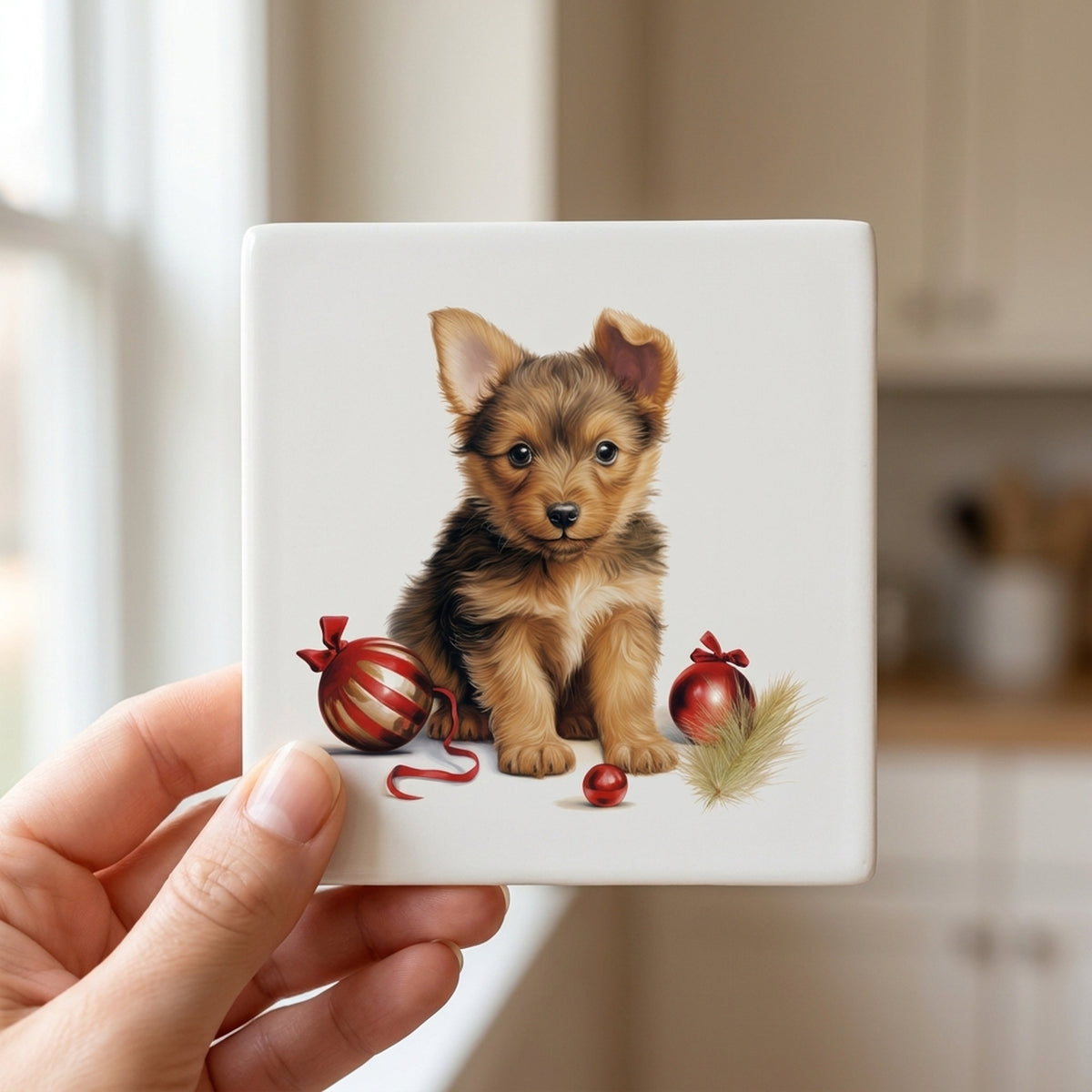 Australian Terrier Puppy Drawing ceramic coasters set of 4, in hand
