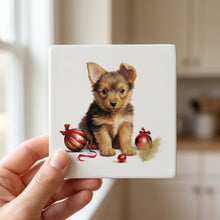 Australian Terrier Puppy Drawing ceramic coasters set of 4, in hand