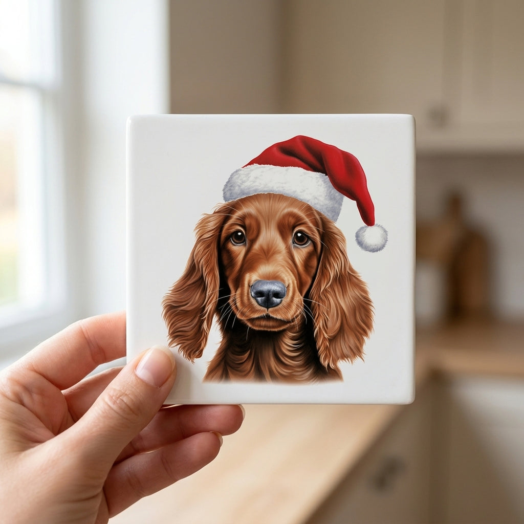Irish Setter Puppy Drawing ceramic coasters set of 4, in hand
