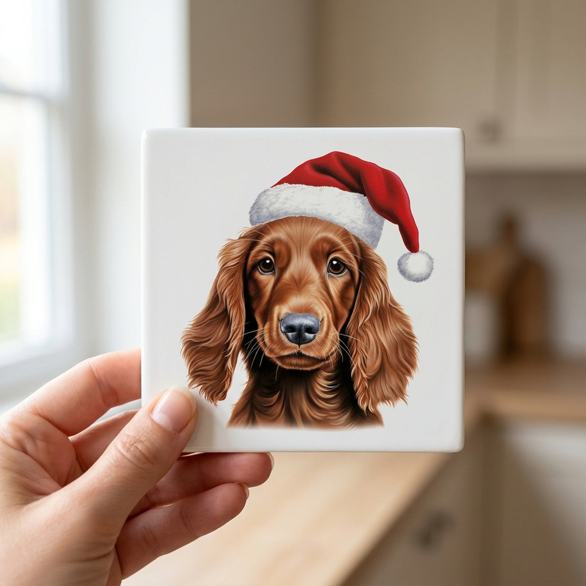 Irish Setter Puppy Drawing ceramic coasters set of 4, in hand