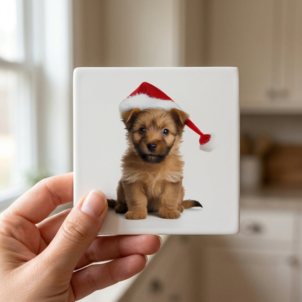 Australian Terrier Puppy ceramic coasters set of 4, in hand