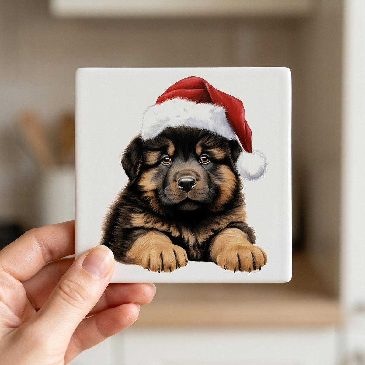 Tibetan Mastiff Puppy Drawing ceramic coasters set of 4, in hand