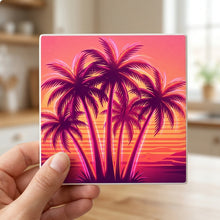 Neon Palm Sunset ceramic coasters set of 4, in hand