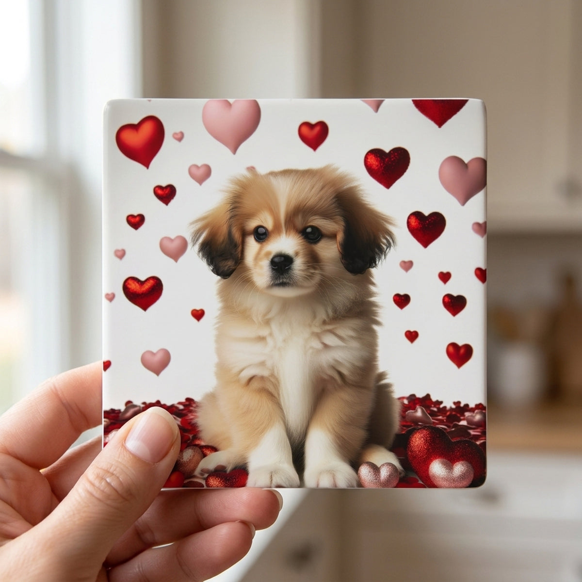 Tibetan Spaniel ceramic coasters set of 4, in hand