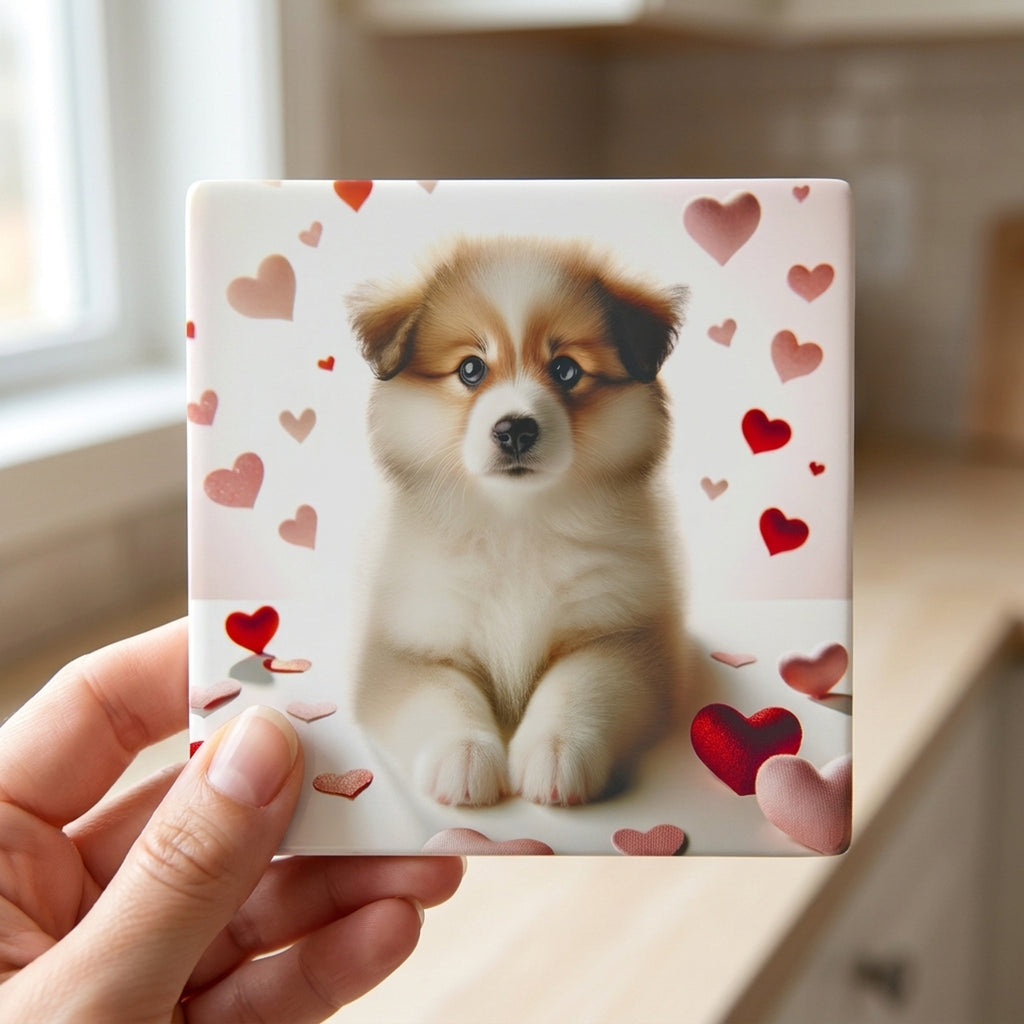 Pomeranian ceramic coasters set of 4, in hand