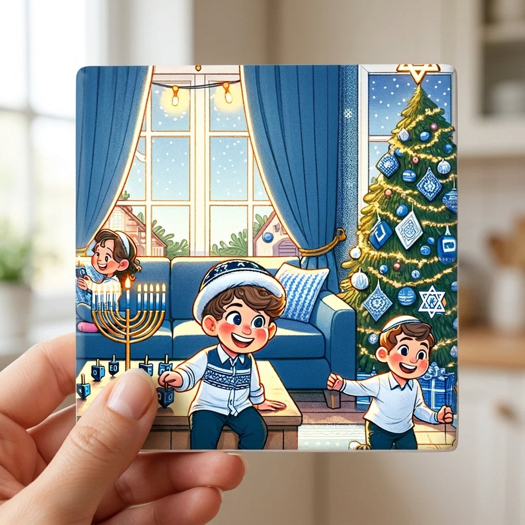 Blue Hanukkah Celebration ceramic coasters set of 4, in hand