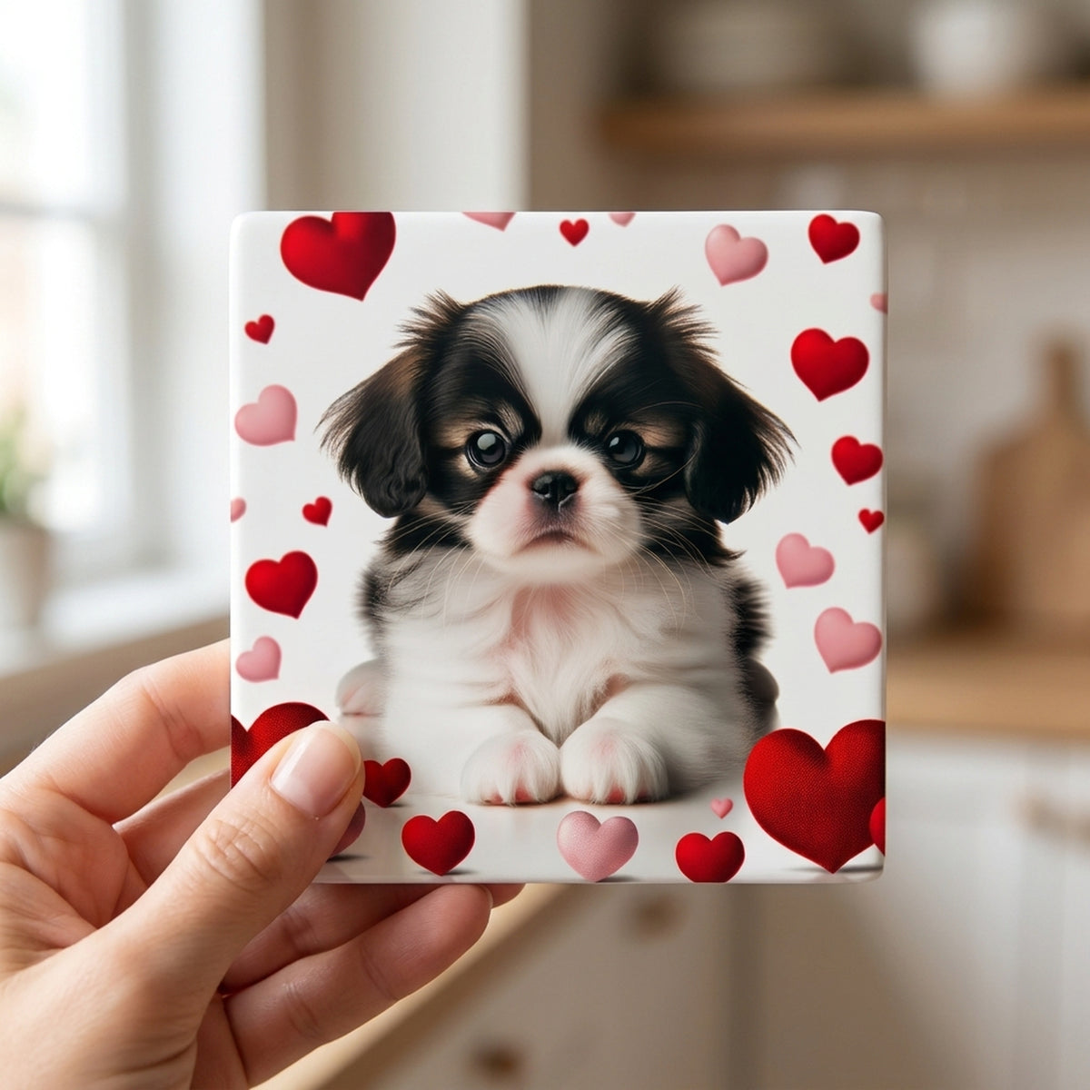 Japanese Chin ceramic coasters set of 4, in hand