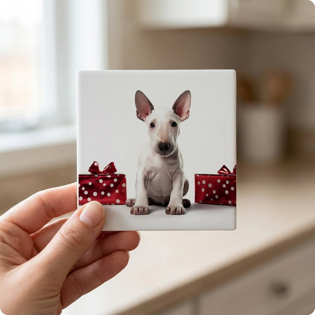 Miniature Bull Terrier Puppy ceramic coasters set of 4, in hand