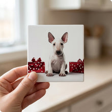 Miniature Bull Terrier Puppy ceramic coasters set of 4, in hand