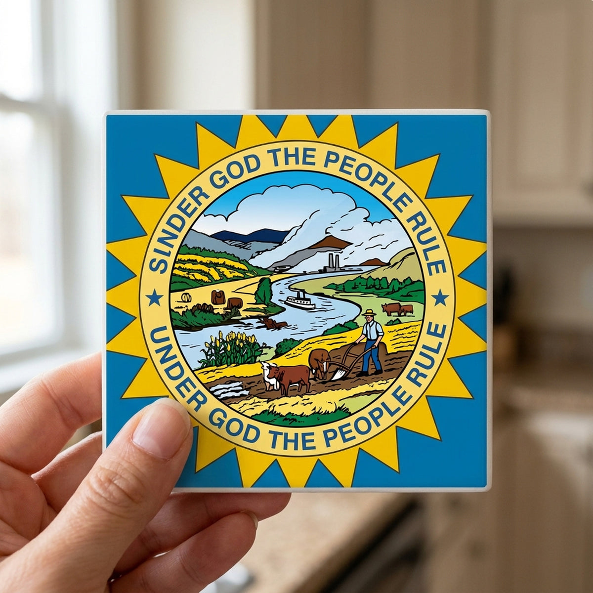 South Dakota State Flag ceramic coasters set of 4, in hand