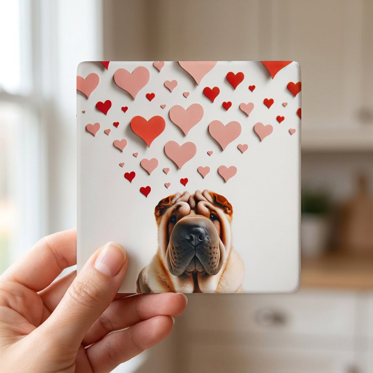 Chinese Shar-Pei ceramic coasters set of 4, in hand