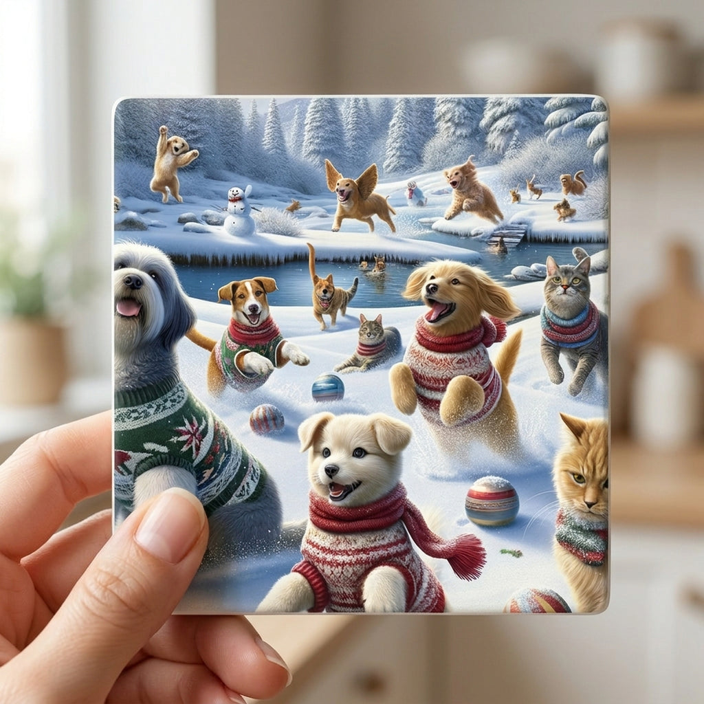 Holiday Sweater Pets ceramic coasters set of 4, in hand