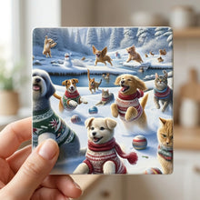 Holiday Sweater Pets ceramic coasters set of 4, in hand