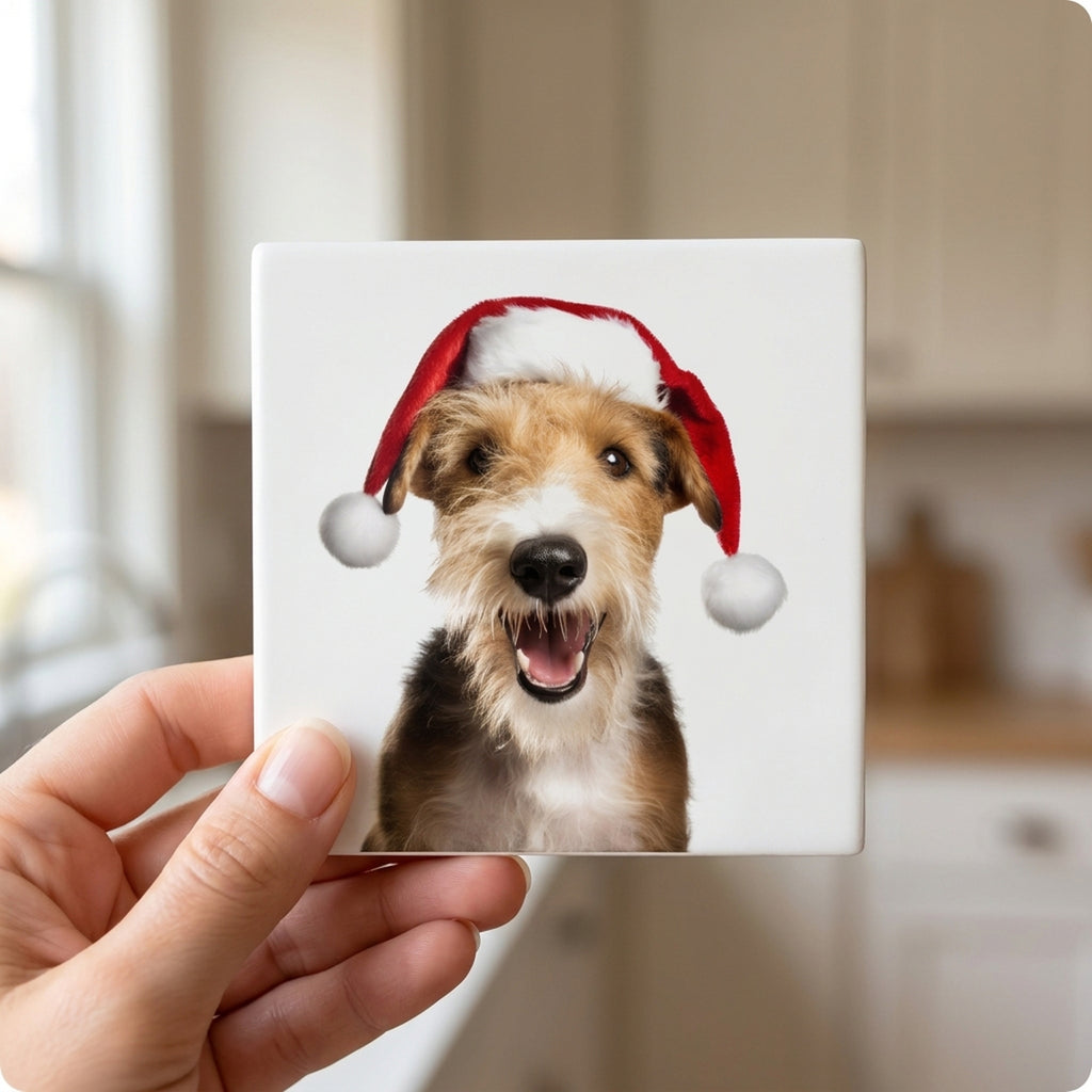 Wire Fox Terrier ceramic coasters set of 4, in hand