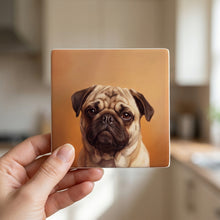 Pug Portrait ceramic coasters set of 4, in hand