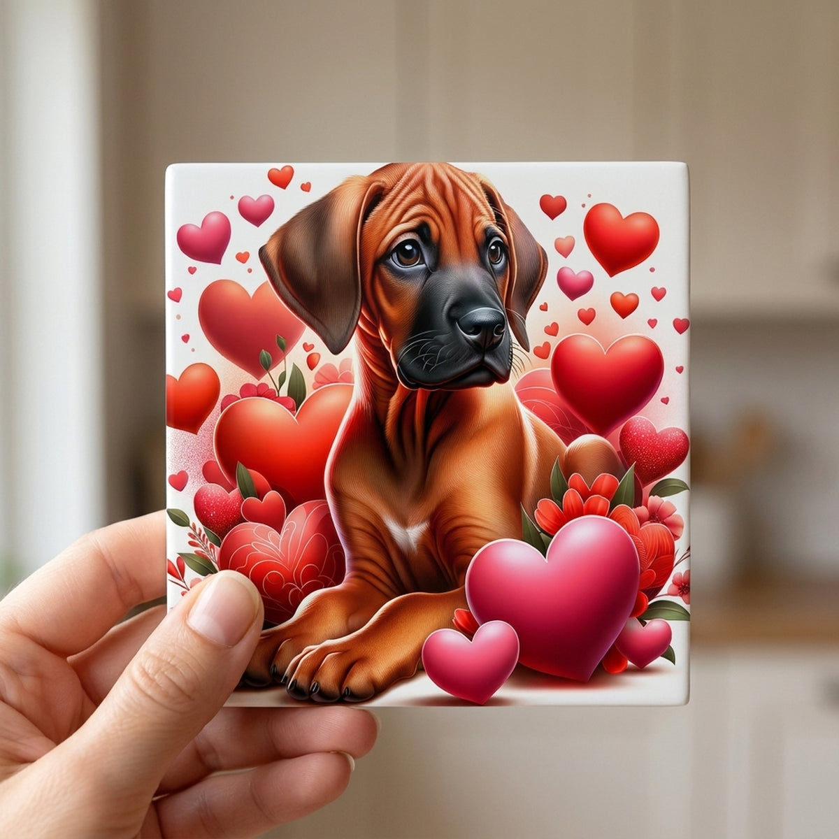 Rhodesian Ridgeback ceramic coasters set of 4, in hand