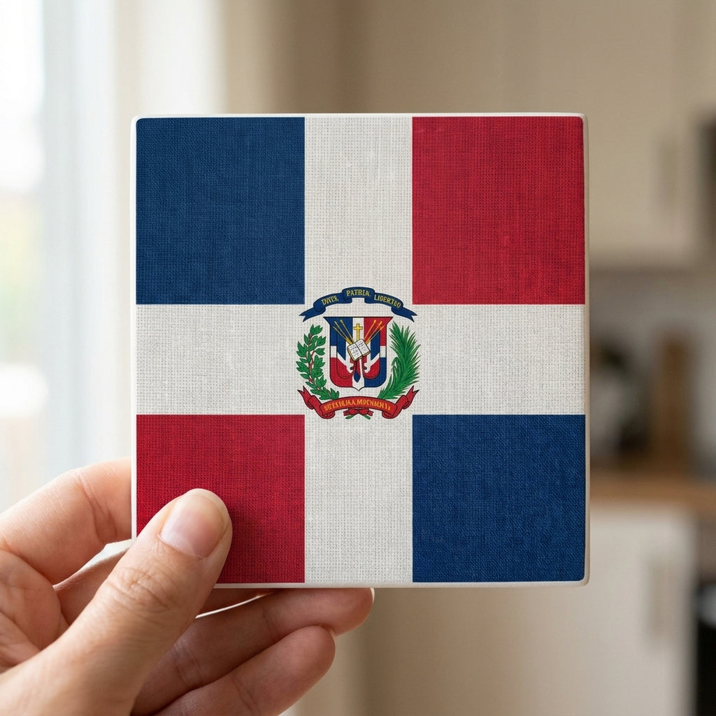 Dominican Republic Flag Pride ceramic coasters set of 4, in hand