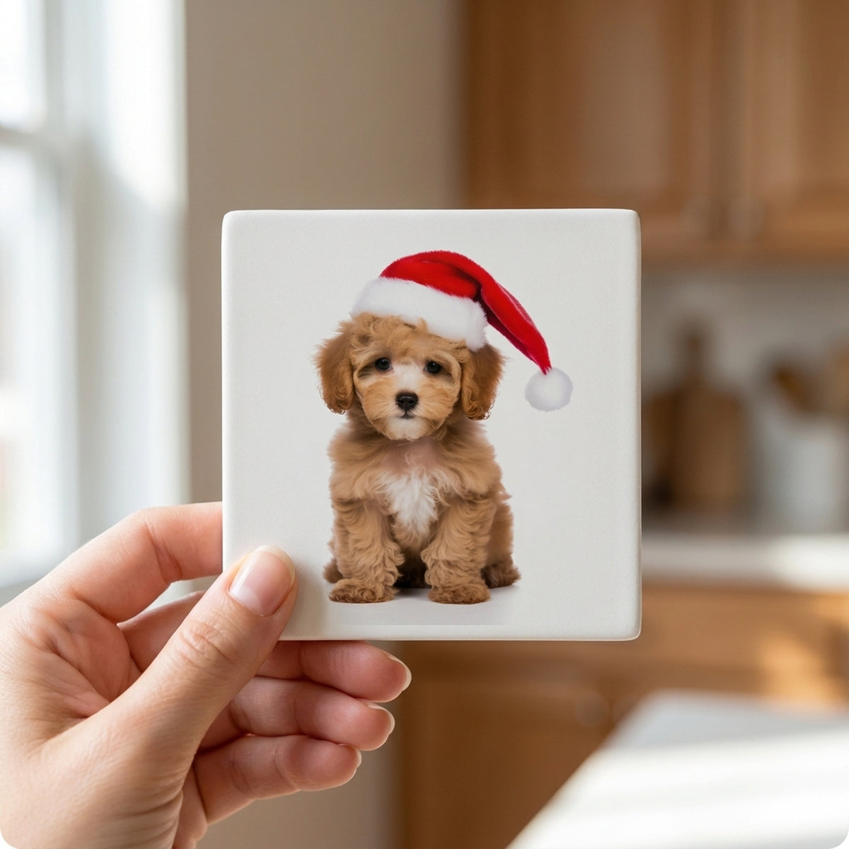 Poodle Puppy ceramic coasters set of 4, in hand