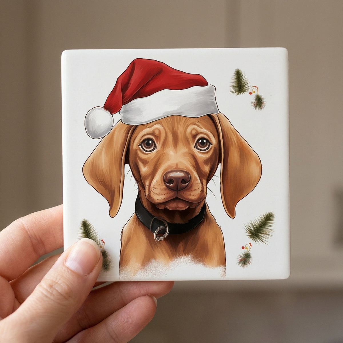 Vizsla Puppy Drawing ceramic coasters set of 4, in hand