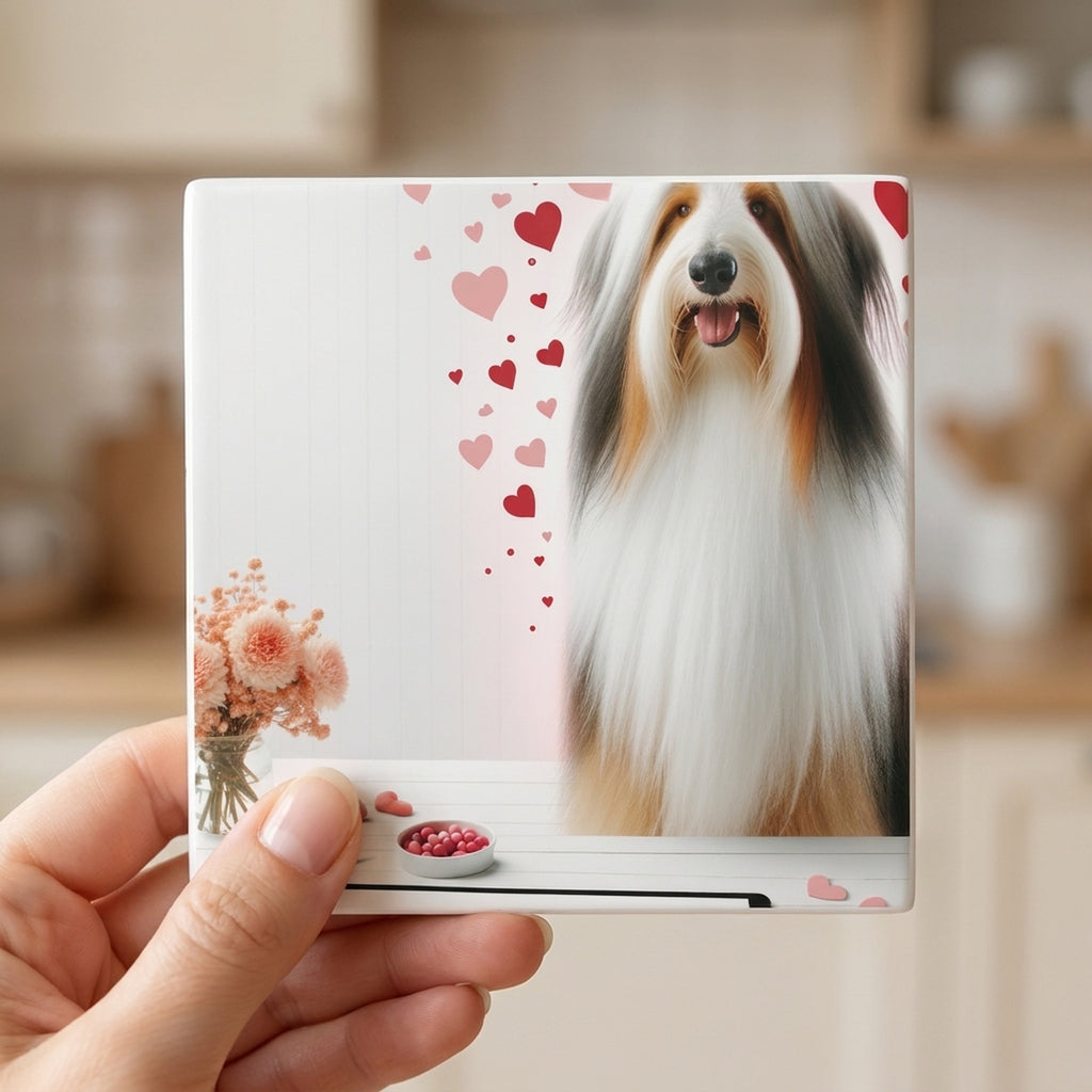 Bearded Collie ceramic coasters set of 4, in hand