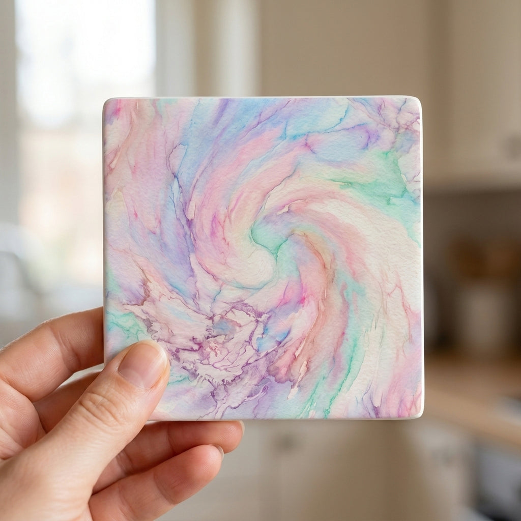 Pastel Tie-Dye ceramic coasters set of 4, in hand