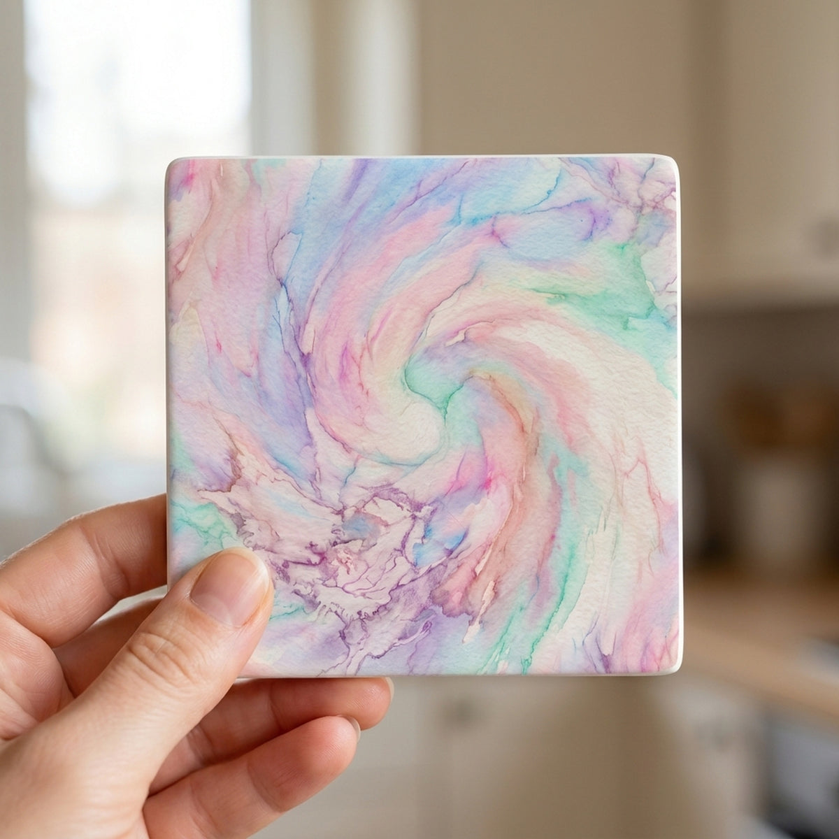 Pastel Tie-Dye ceramic coasters set of 4, in hand
